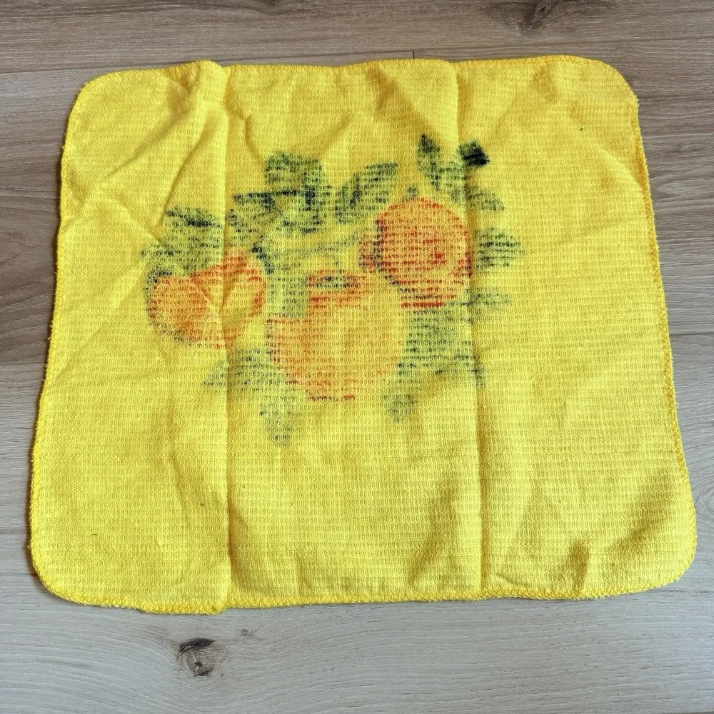 Vintage Yellow Washcloth Orange Fruit Print MCM